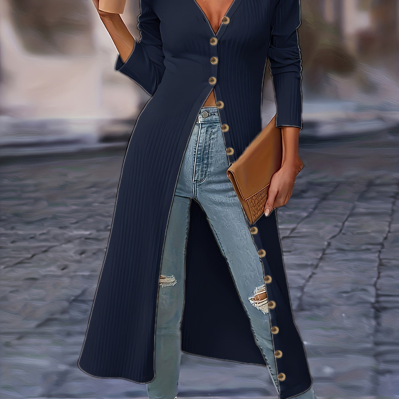 Women's Long Cardigan - Button Front V-Neck - Fitted Knit - Knee Length Layering Piece