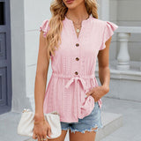 Women’s Blouse – Relaxed Fit – Eyelet Texture – Tie Waist – Notched Neck – Cap Sleeves