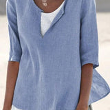 Women’s Blouse – Relaxed Fit – Layered V-Neck – Mid Sleeve – Breathable Blend