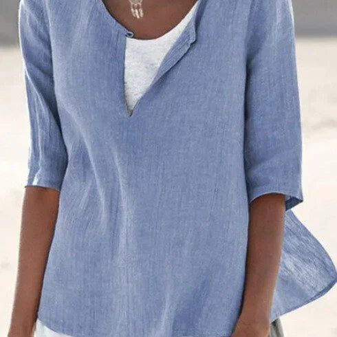 Women’s Blouse – Relaxed Fit – Layered V-Neck – Mid Sleeve – Breathable Blend
