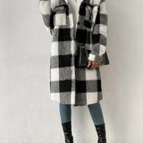 Women's plaid jacket with plush collar and buttons