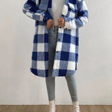Women's plaid jacket with plush collar and buttons