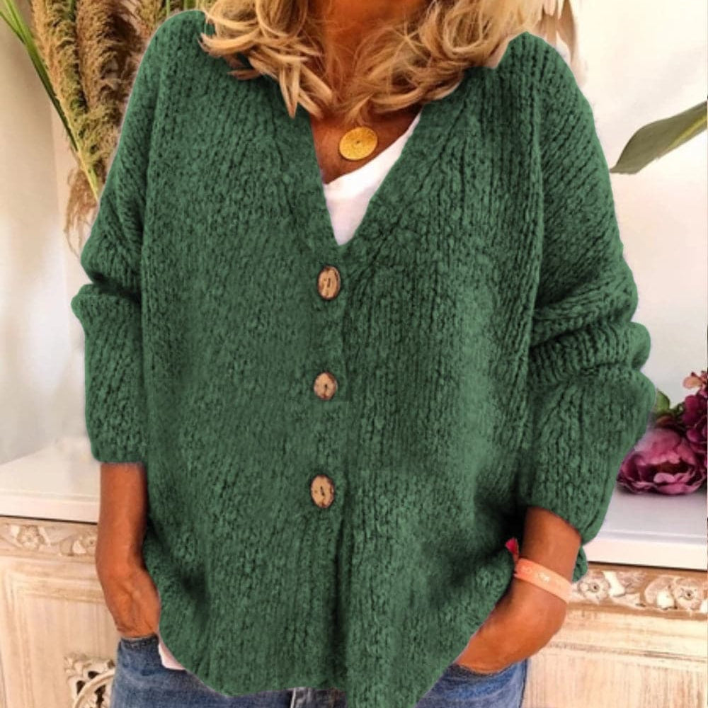 Women’s Cardigan – Relaxed Fit – Chunky Knit – V-Neck – Button Front – Balloon Sleeve