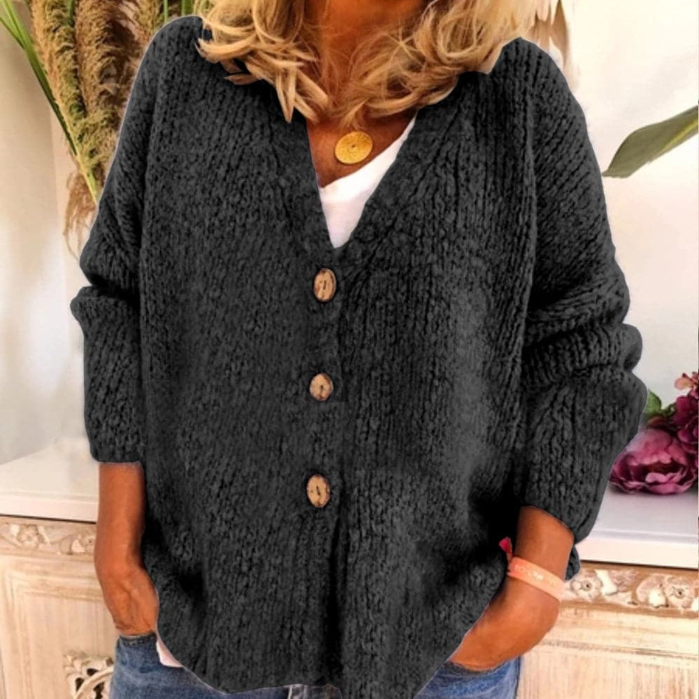 Women’s Cardigan – Relaxed Fit – Chunky Knit – V-Neck – Button Front – Balloon Sleeve