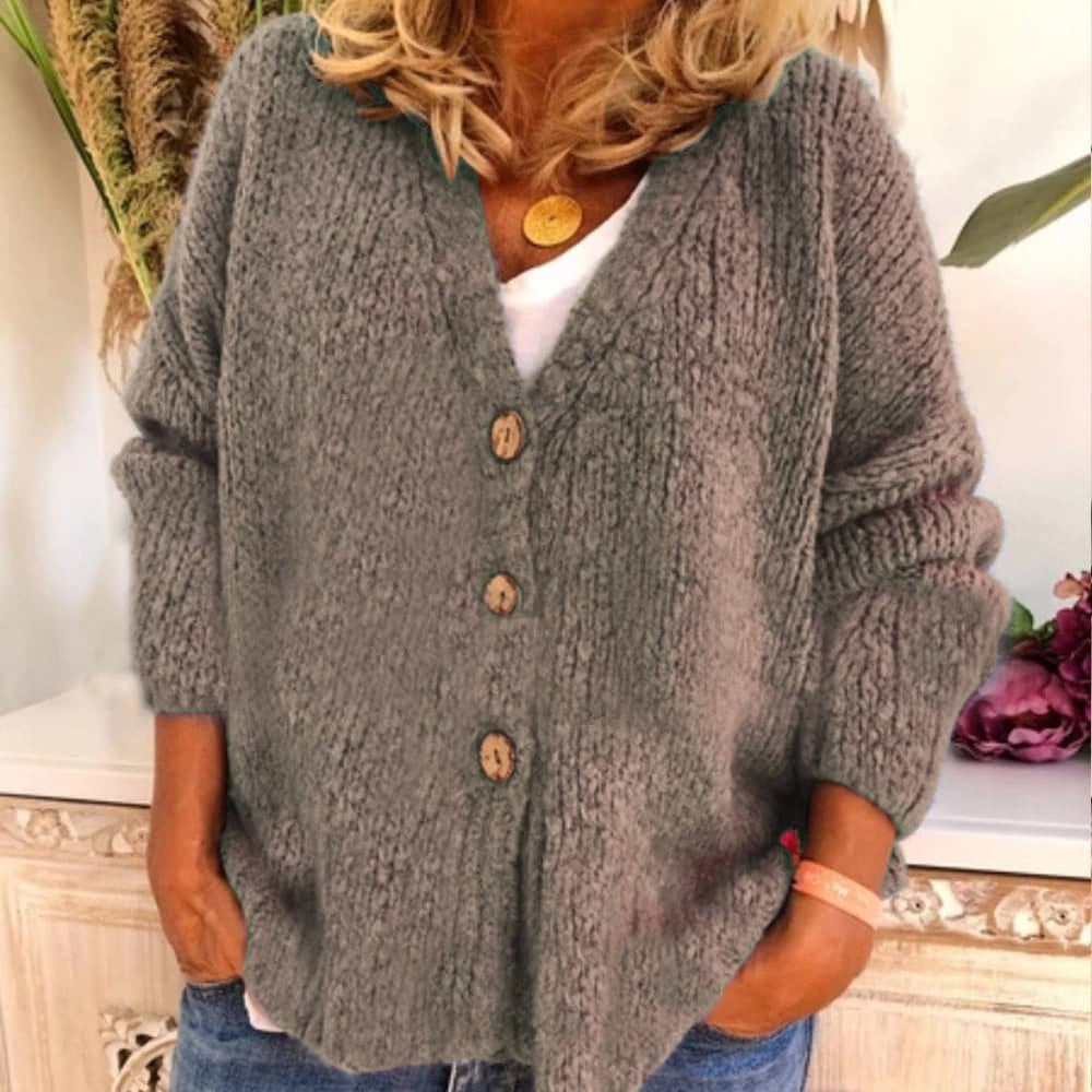 Women’s Cardigan – Relaxed Fit – Chunky Knit – V-Neck – Button Front – Balloon Sleeve