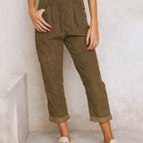Women's High-Waisted Trousers - Pleated Front - Relaxed Fit - Cuffed Hem Ribbed Fabric
