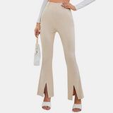 Women's High-Waisted Flare Trousers - Slim Fit - Stretch Fabric - Front Slit Hem