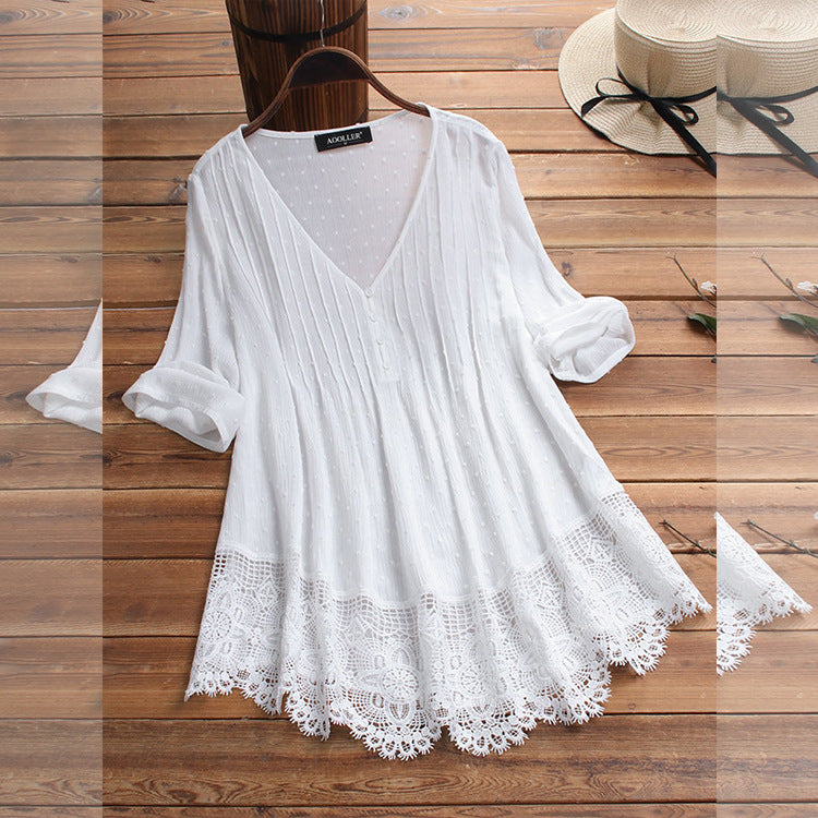 Women’s Boho Tunic Top – V-Neck – Bell Sleeves – Crochet Hem