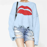 Women’s Sweater – Chunky Knit – Oversized Fit – Lip Motif – Fringed Hem