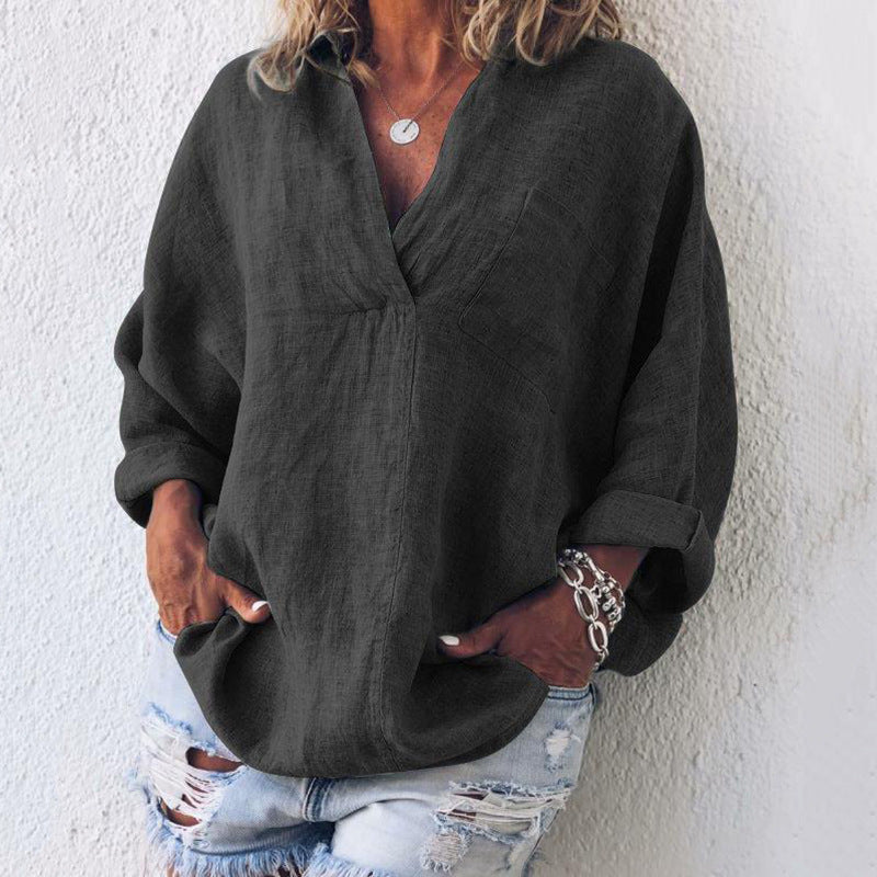 Women’s Blouse – Oversized Fit – V-Neck – Long Sleeve