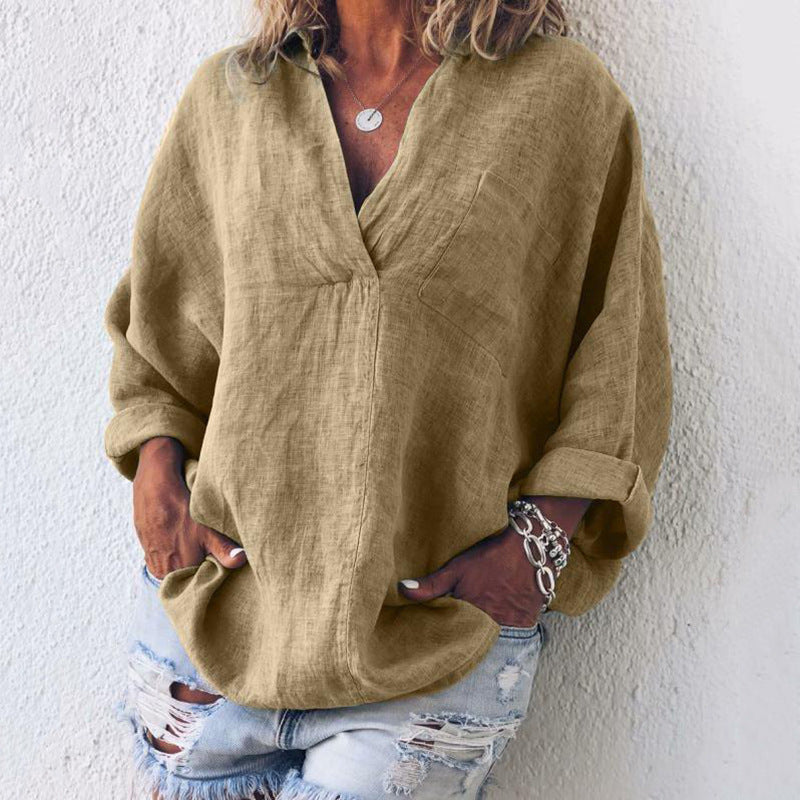 Women’s Blouse – Oversized Fit – V-Neck – Long Sleeve