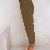 Women's High-Waisted Trousers - Pleated Front - Relaxed Fit - Cuffed Hem Ribbed Fabric