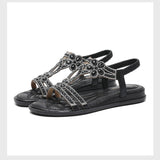 Women’s Flat Sandals – Open Toe – Rhinestone Straps – Cut-Out Slingback Design