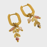 Alexandra | 18K Gold Hoop Earrings with Pink Gemstone & Gold Leaf Charm