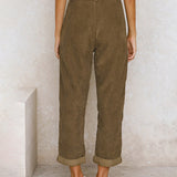 Women's High-Waisted Trousers - Pleated Front - Relaxed Fit - Cuffed Hem Ribbed Fabric