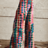 Women's Retro Chic Wide-Leg Pants - Geometric Pattern - Vibrant Colors - Casual Elegance