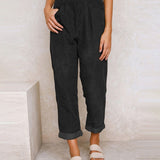 Women's High-Waisted Trousers - Pleated Front - Relaxed Fit - Cuffed Hem Ribbed Fabric