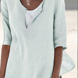 Women’s Blouse – Relaxed Fit – Layered V-Neck – Mid Sleeve – Breathable Blend