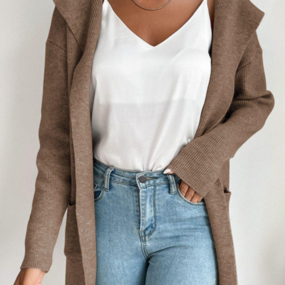 Women's ribbed open-front cardigan with hood and pockets