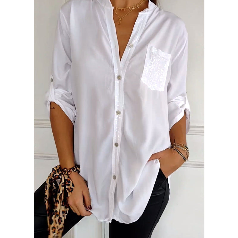 Women’s Blouse – Relaxed Fit – Sequin Placket – Roll Tab Sleeves – Breathable Blend
