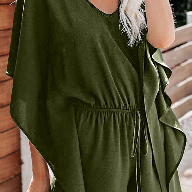 Women's fashionable plain vneck loose jumpsuit
