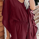 Women's fashionable plain vneck loose jumpsuit