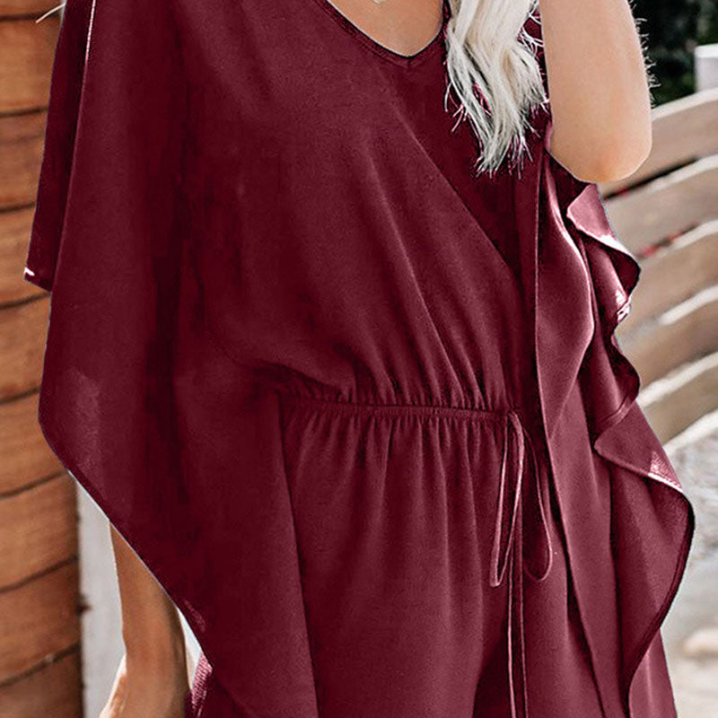 Women's fashionable plain vneck loose jumpsuit