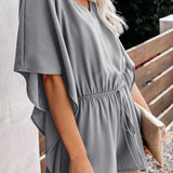 Women's fashionable plain vneck loose jumpsuit