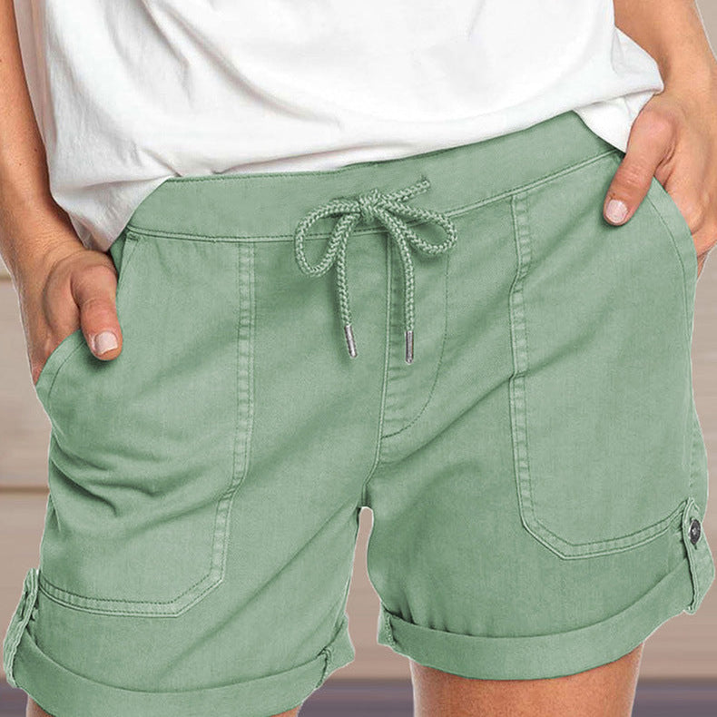 Women's shorts with adjustable waist drawstring and turned up hem