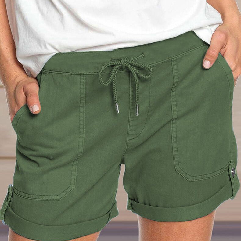 Women's shorts with adjustable waist drawstring and turned up hem