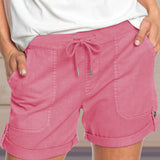Women's shorts with adjustable waist drawstring and turned up hem