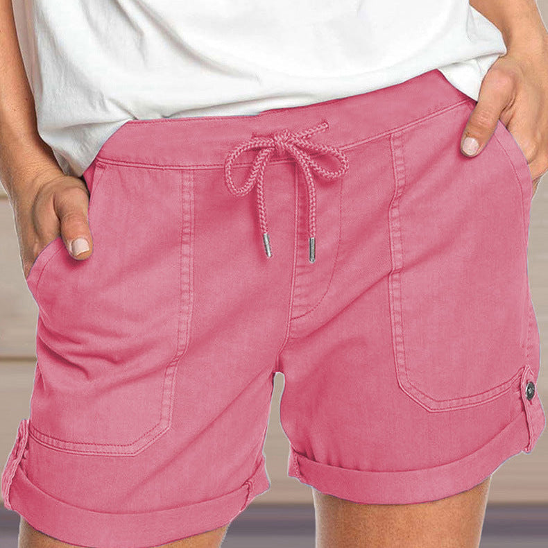 Women's shorts with adjustable waist drawstring and turned up hem