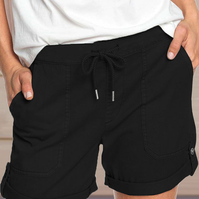 Women's shorts with adjustable waist drawstring and turned up hem