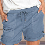 Women's shorts with adjustable waist drawstring and turned up hem