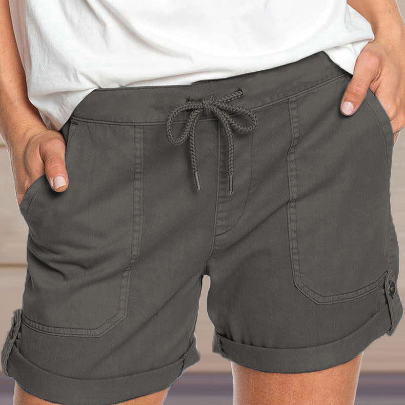 Women's shorts with adjustable waist drawstring and turned up hem