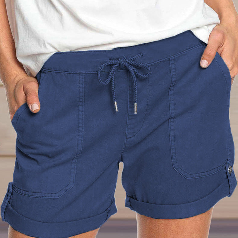 Women's shorts with adjustable waist drawstring and turned up hem