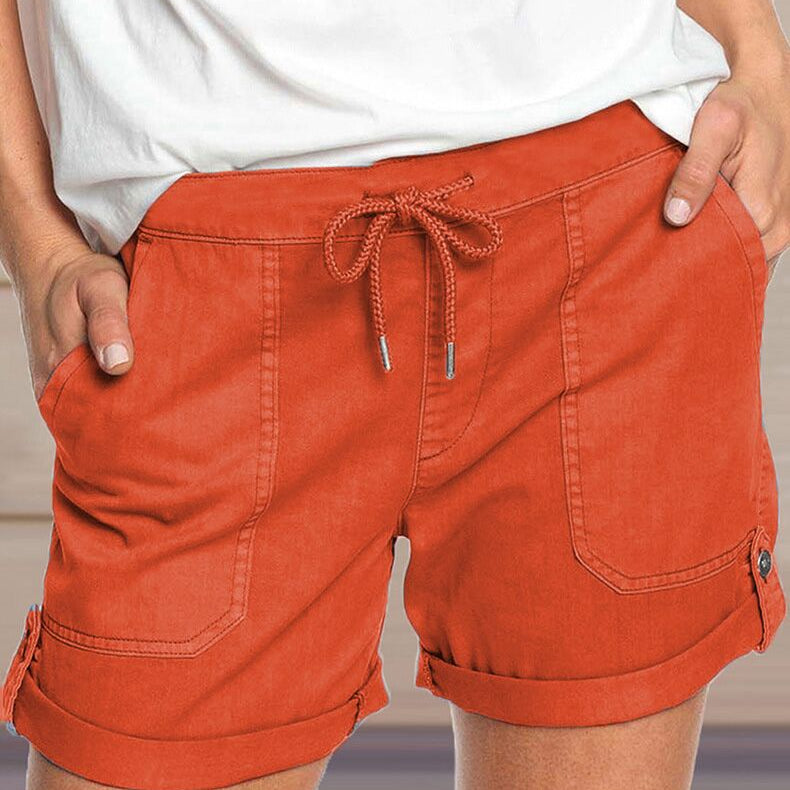 Women's shorts with adjustable waist drawstring and turned up hem