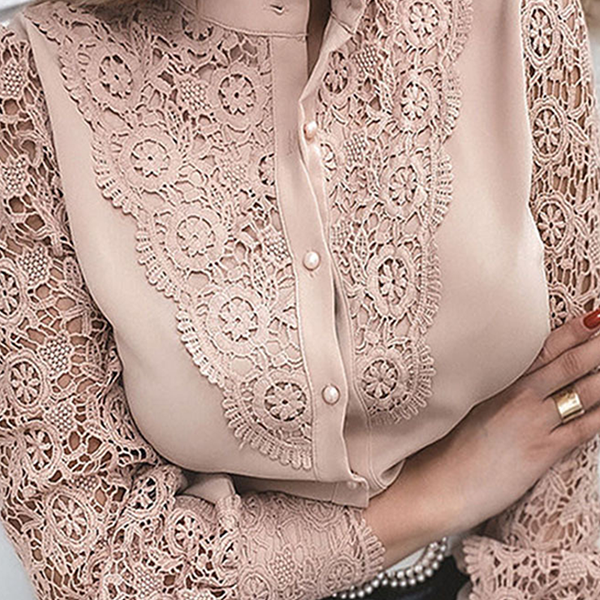 Women's elegant lace cut out buckle mandarin collar tops