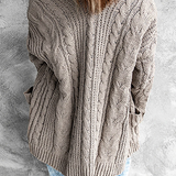 Women's Knitted Cardigan - Longline Open Front - Cable Knit with Pockets