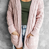 Women's Knitted Cardigan - Longline Open Front - Cable Knit with Pockets