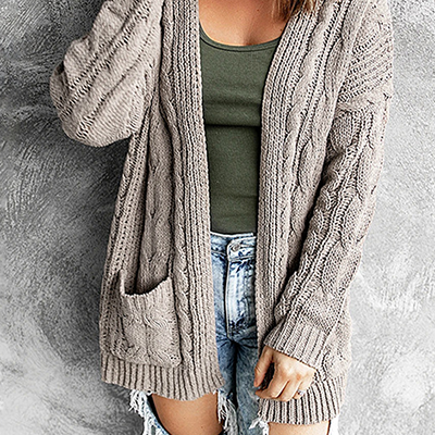 Women's Knitted Cardigan - Longline Open Front - Cable Knit with Pockets