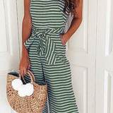 Women's Jumpsuit - Striped Design - Sleeveless Halter Neck - Tie Waist - Wide-Leg Cropped Fit