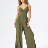 Women's Jumpsuit - Sleeveless V-Neck - Spaghetti Straps - Wide-Leg Full Length