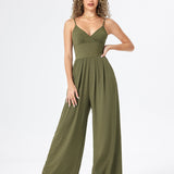 Women's Jumpsuit - Sleeveless V-Neck - Spaghetti Straps - Wide-Leg Full Length