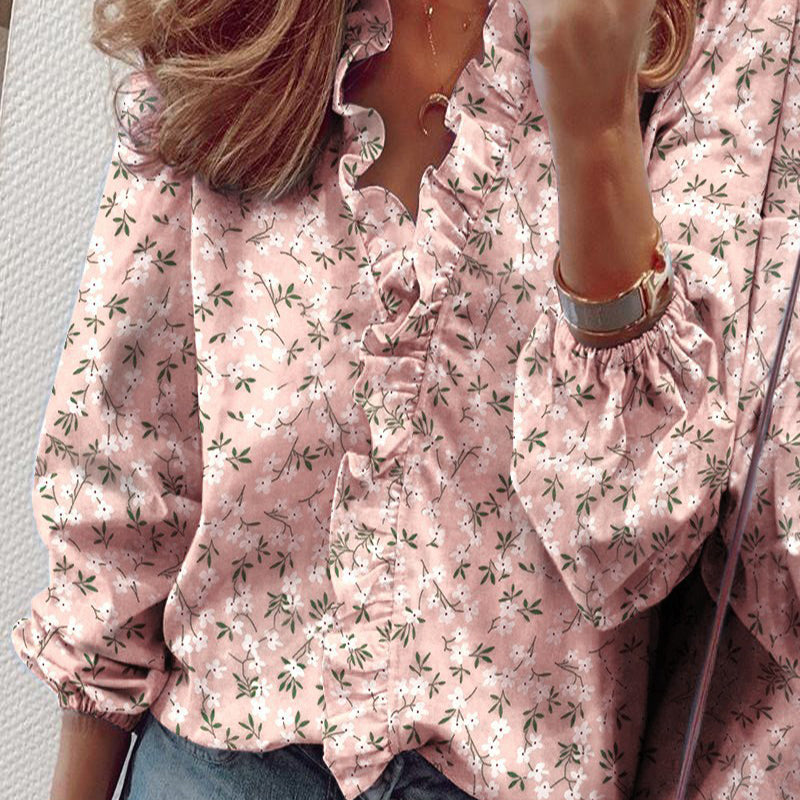 Women's long sleeve v-neck blouse with ruffles