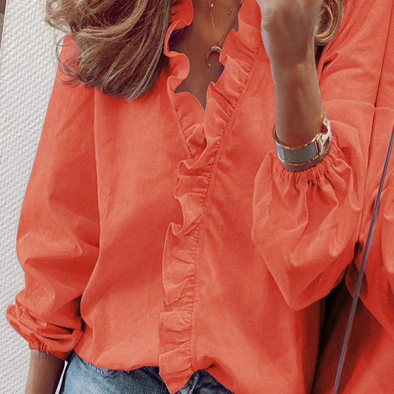 Women's long sleeve v-neck blouse with ruffles