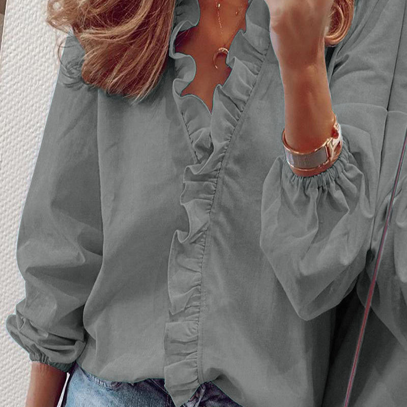Women's long sleeve v-neck blouse with ruffles