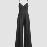 Women's Jumpsuit - Sleeveless V-Neck - Spaghetti Straps - Wide-Leg Full Length