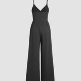 Women's Jumpsuit - Sleeveless V-Neck - Spaghetti Straps - Wide-Leg Full Length
