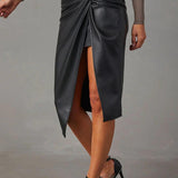 Women's High-Waisted Faux Leather Skirt - Asymmetric Wrap Design - Knotted Waist Midi